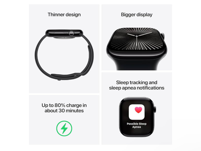 Apple Watch Series 10 [GPS 46mm case] Smartwatch with Jet Black Aluminium Case with Black Sport Band - M/L. Fitness Tracker, ECG App, Always-On Retina Display, Water Resistant